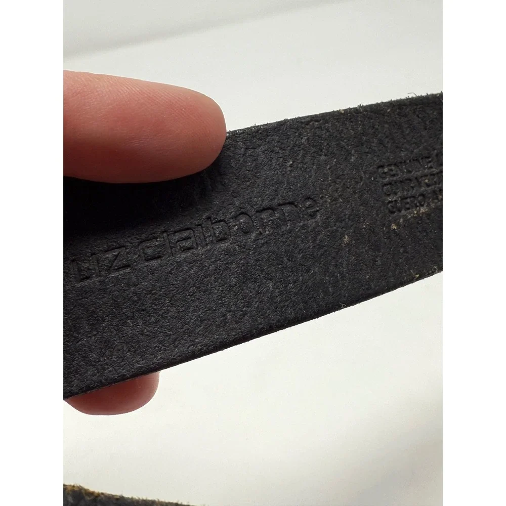 Liz Claiborne Black‎ Genuine Leather Embossed scallop Pattern Belt Silver Buckle